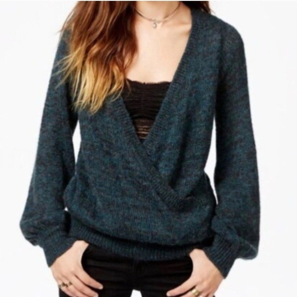 Free‎ People Karina Balloon Sleeve Faux Wrap Sweater Wool Mohair Size Small Blue